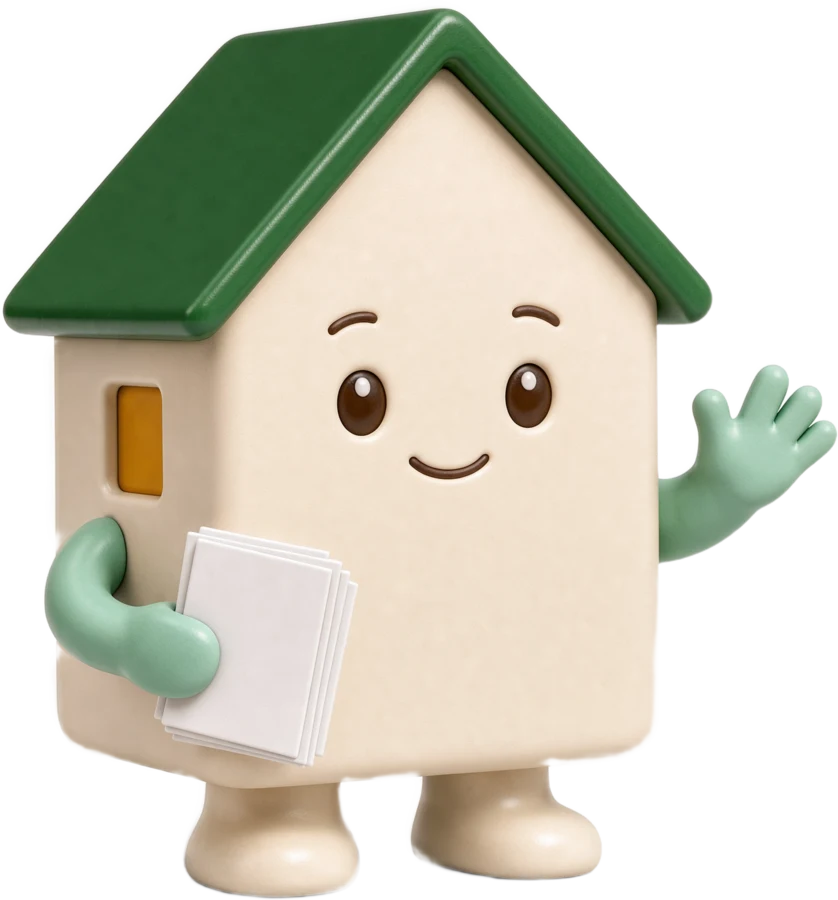 Der Haus-Assistent von Vermieter1 KI mit grünem Dach und einem Stapel Dokumente