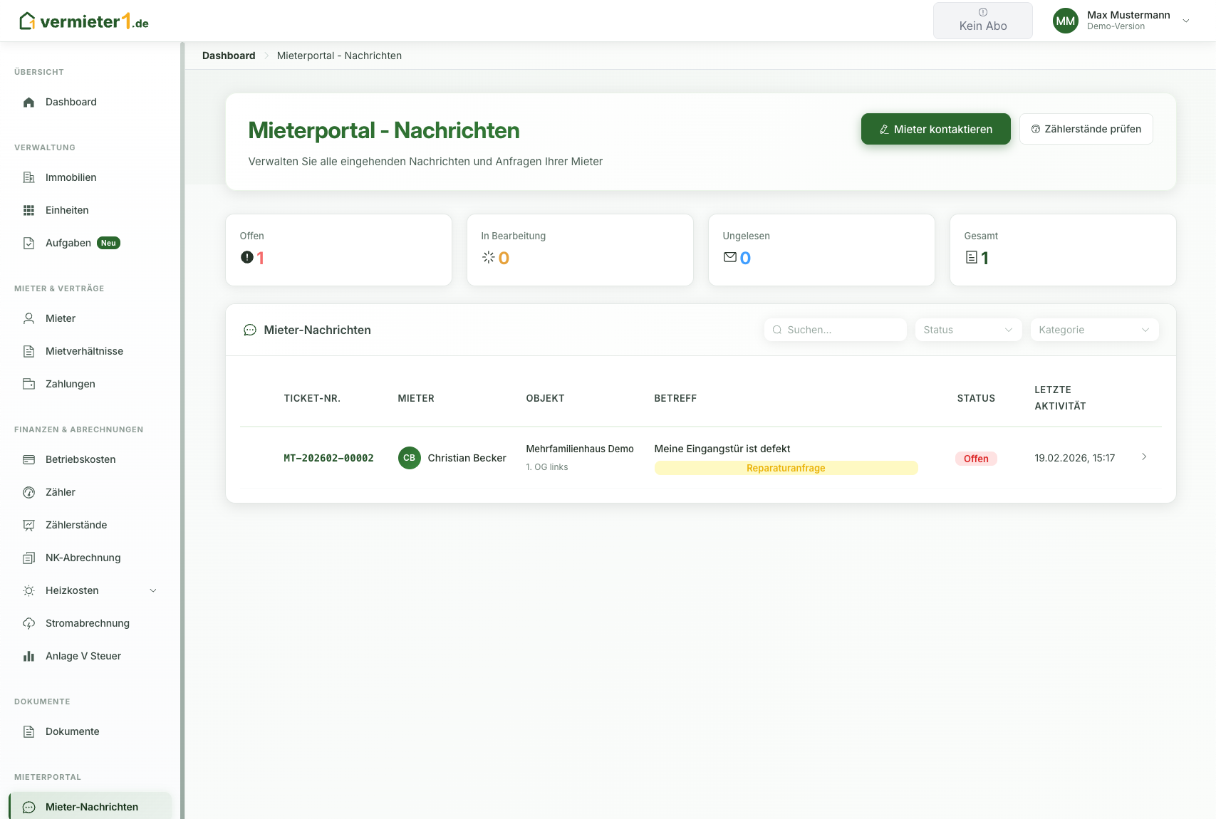 Mieterportal - Dashboard Vorschau