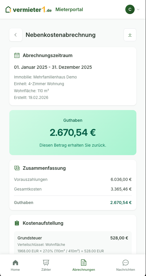 Nebenkostenabrechnung im Mieterportal