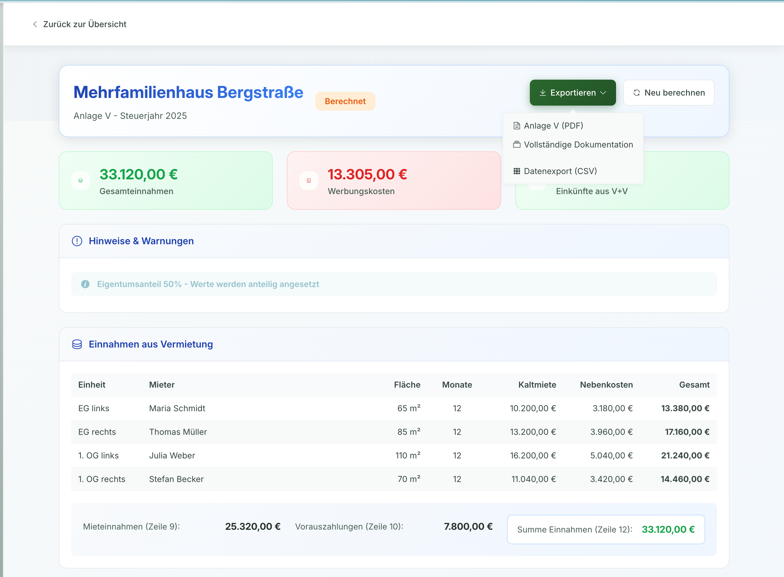 Anlage V Übersicht und Export Formate
