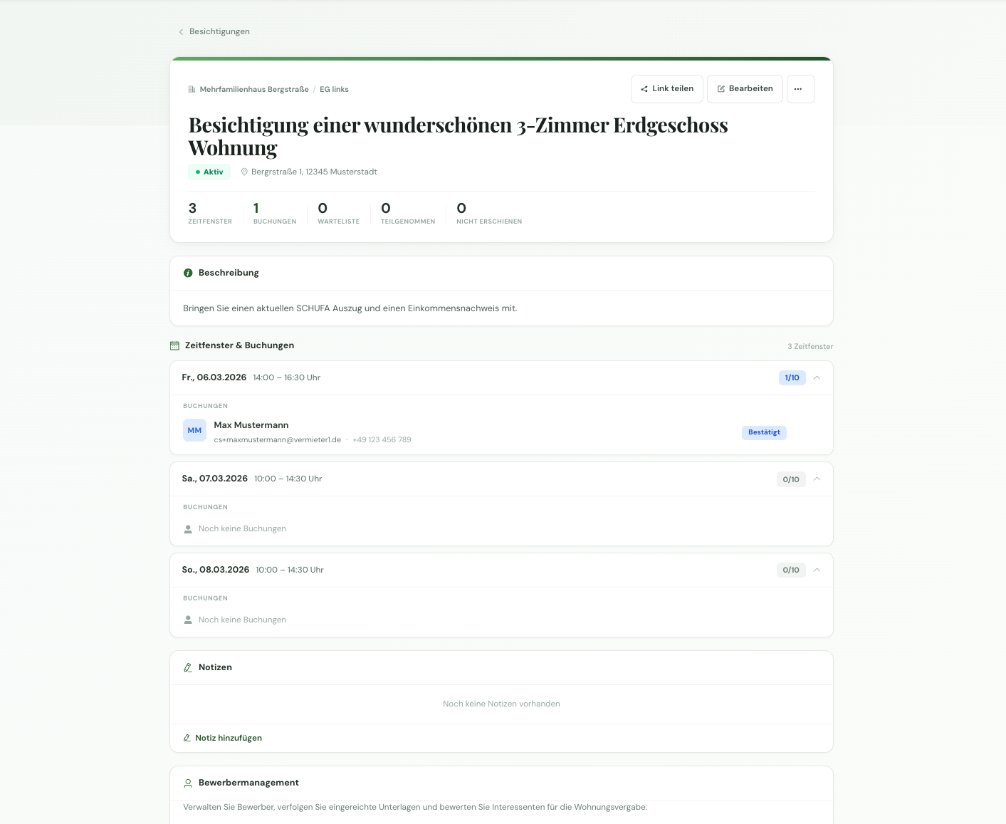 Besichtigungen & Bewerbermanagement - Dashboard Vorschau