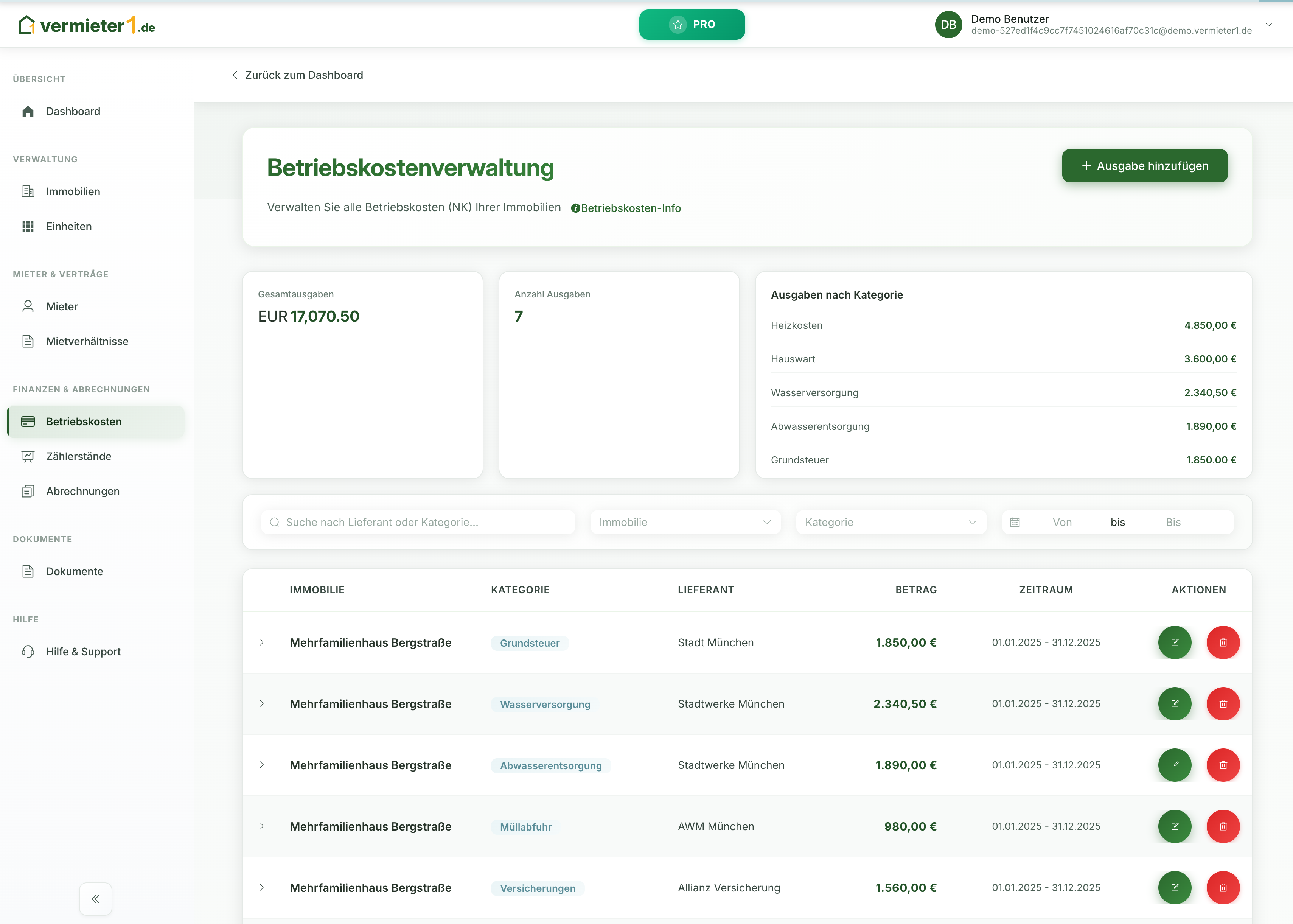 Betriebskostenverwaltung - Dashboard Vorschau