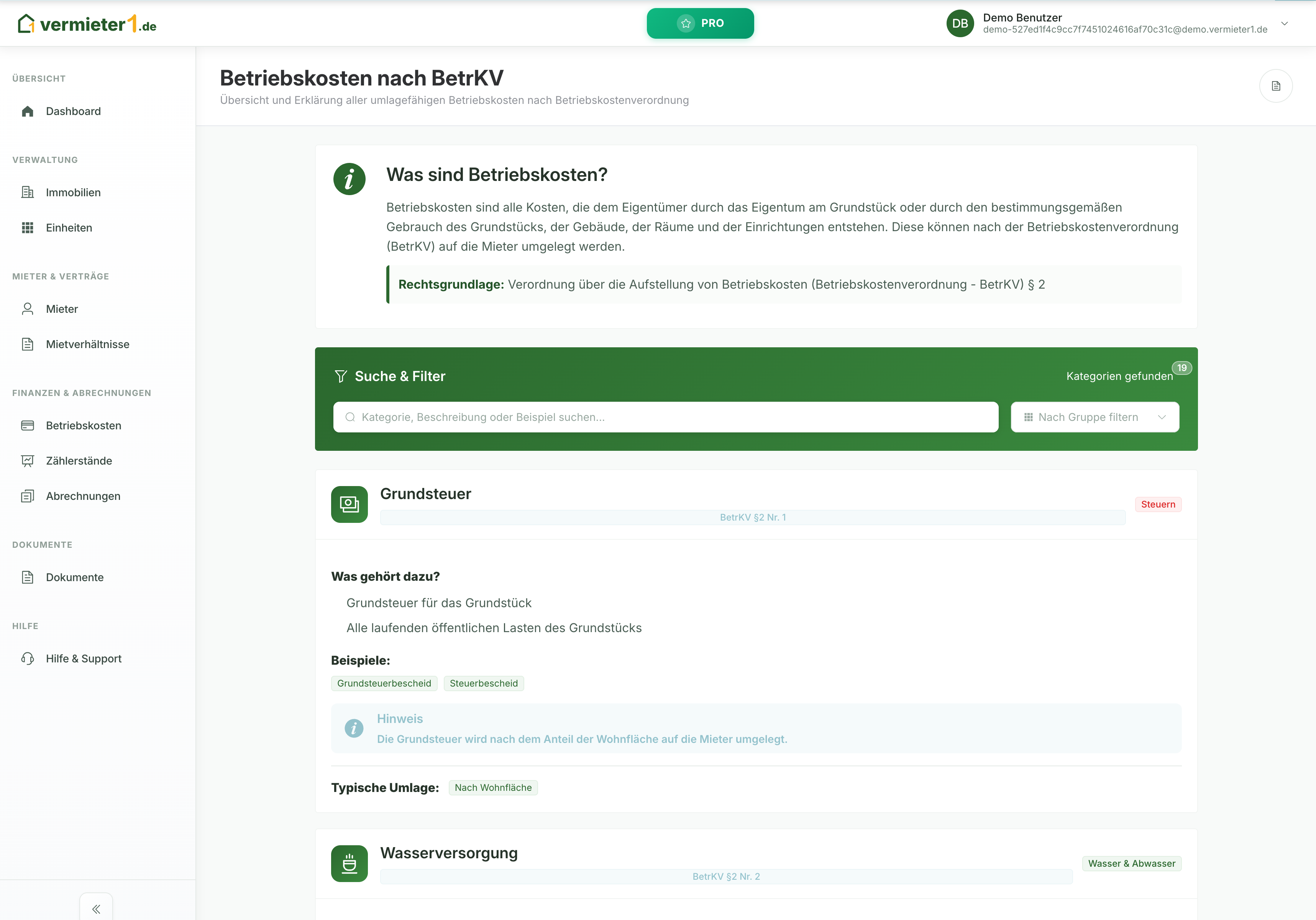 BetrKV Kostenkategorien Übersicht