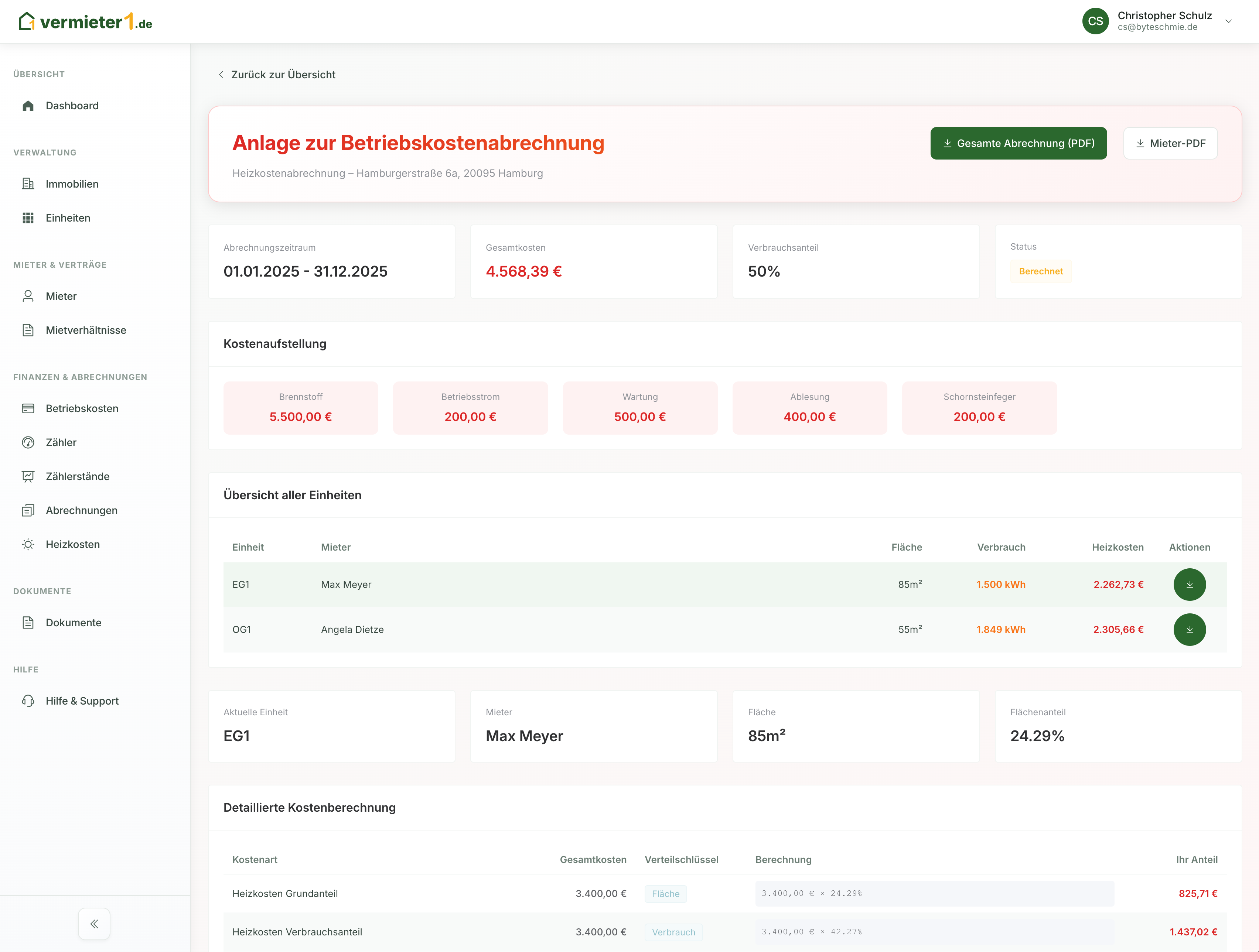 Heizkostenabrechnung - Dashboard Vorschau
