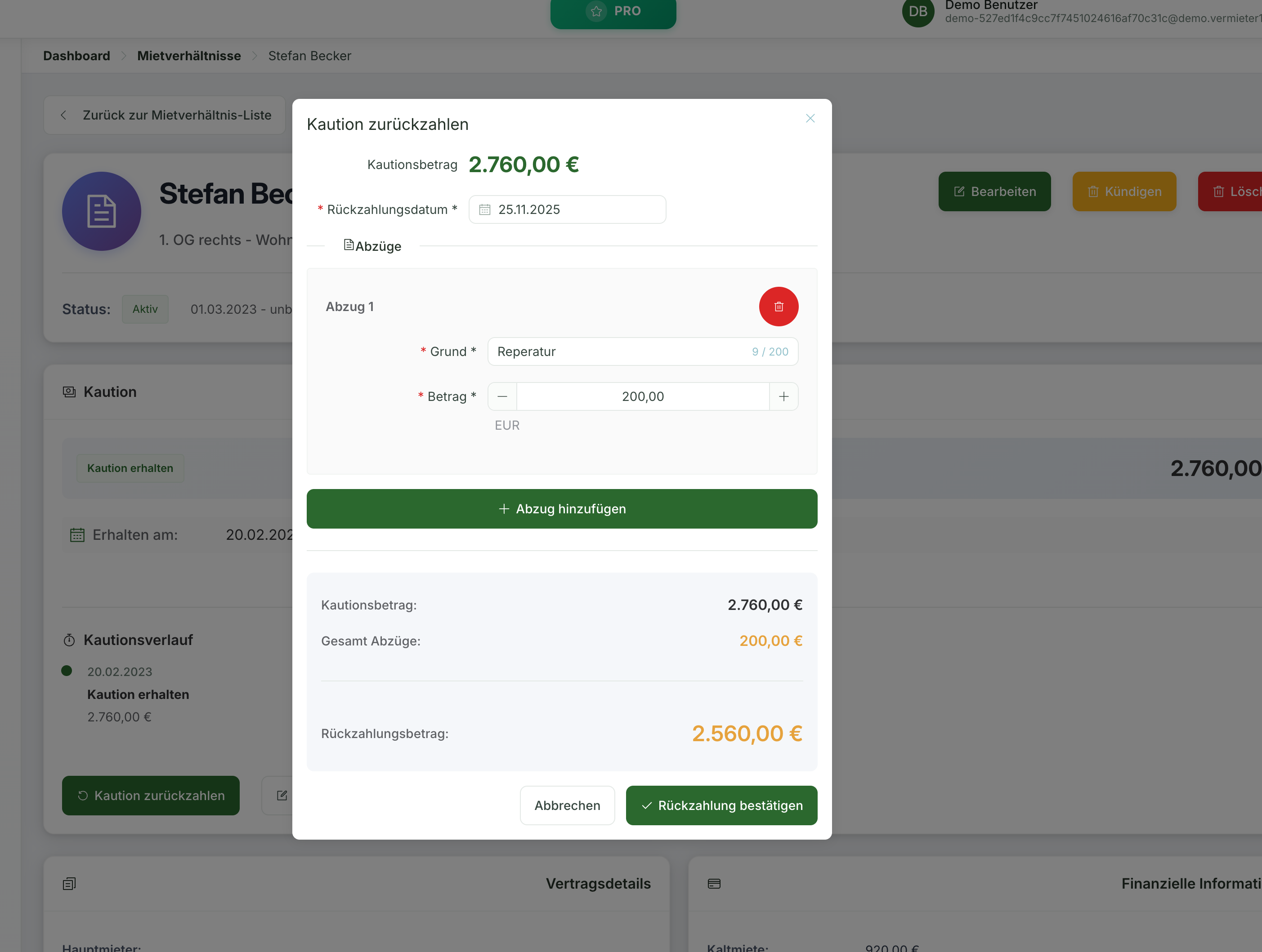 Kautionsabzüge dokumentieren
