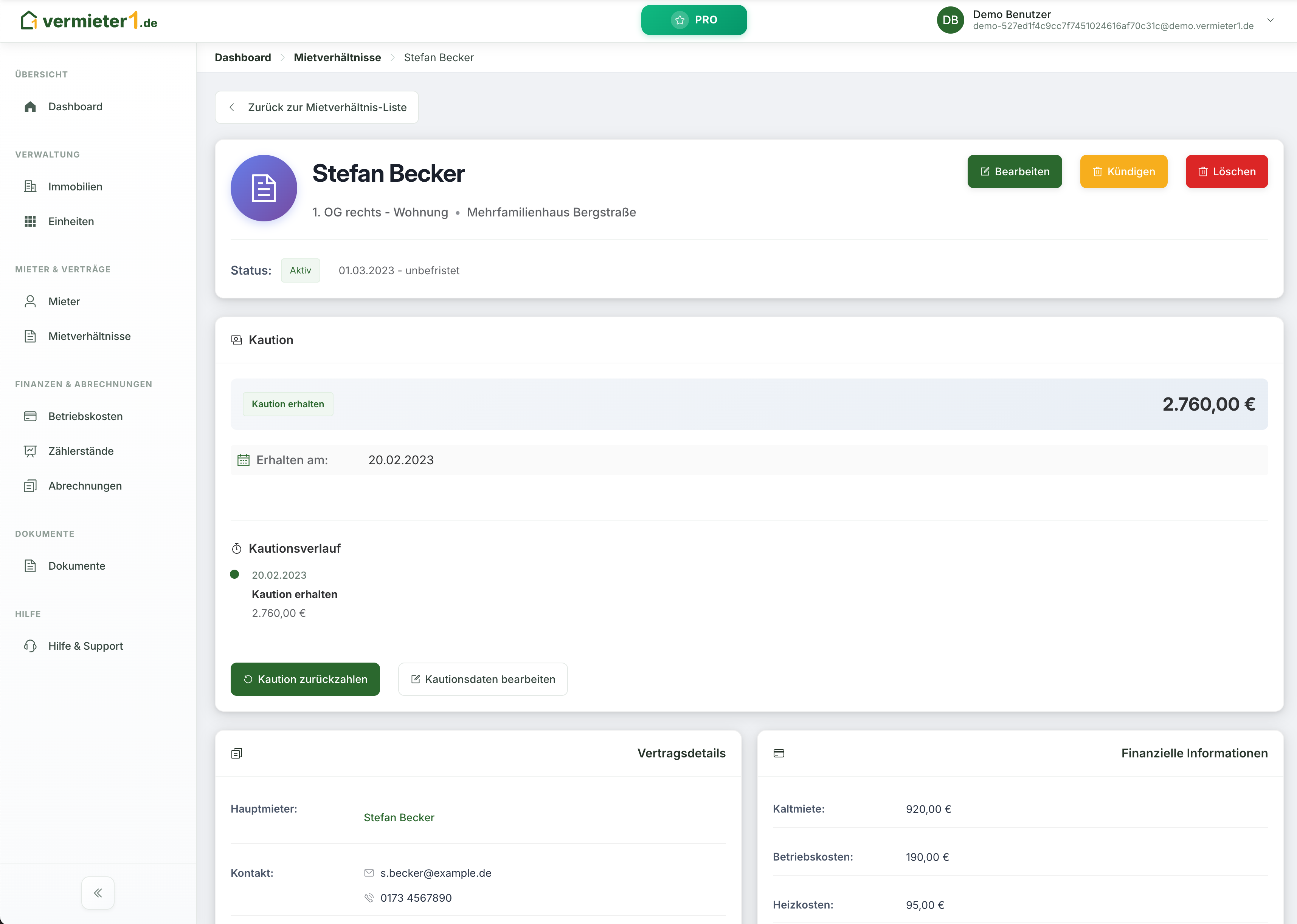 Kautionsverwaltung - Dashboard Vorschau