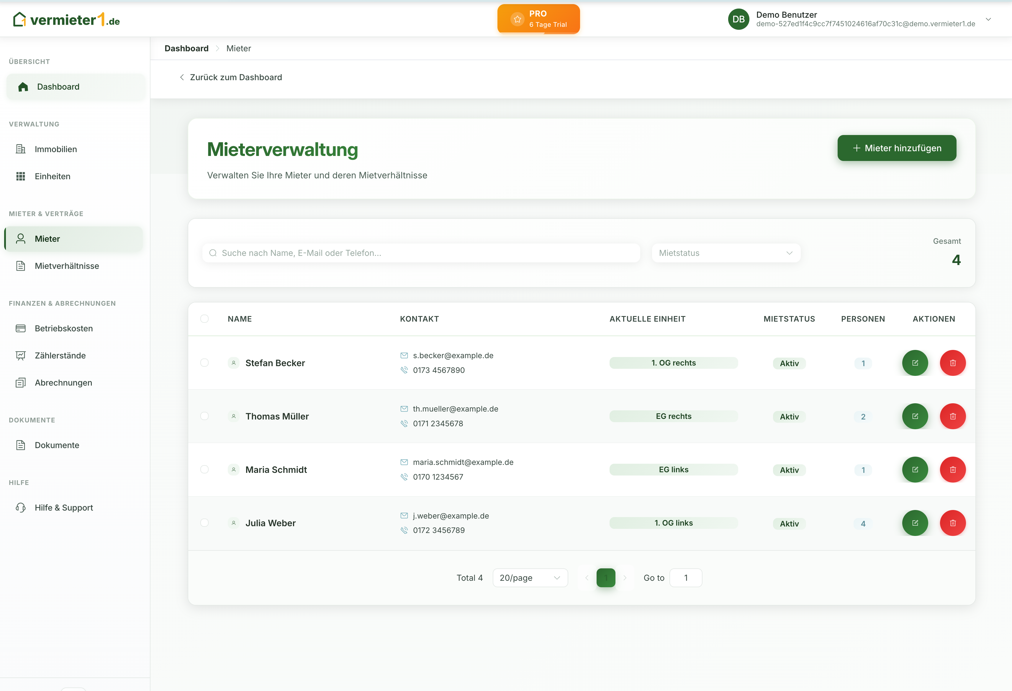 Mieterverwaltung - Dashboard Vorschau