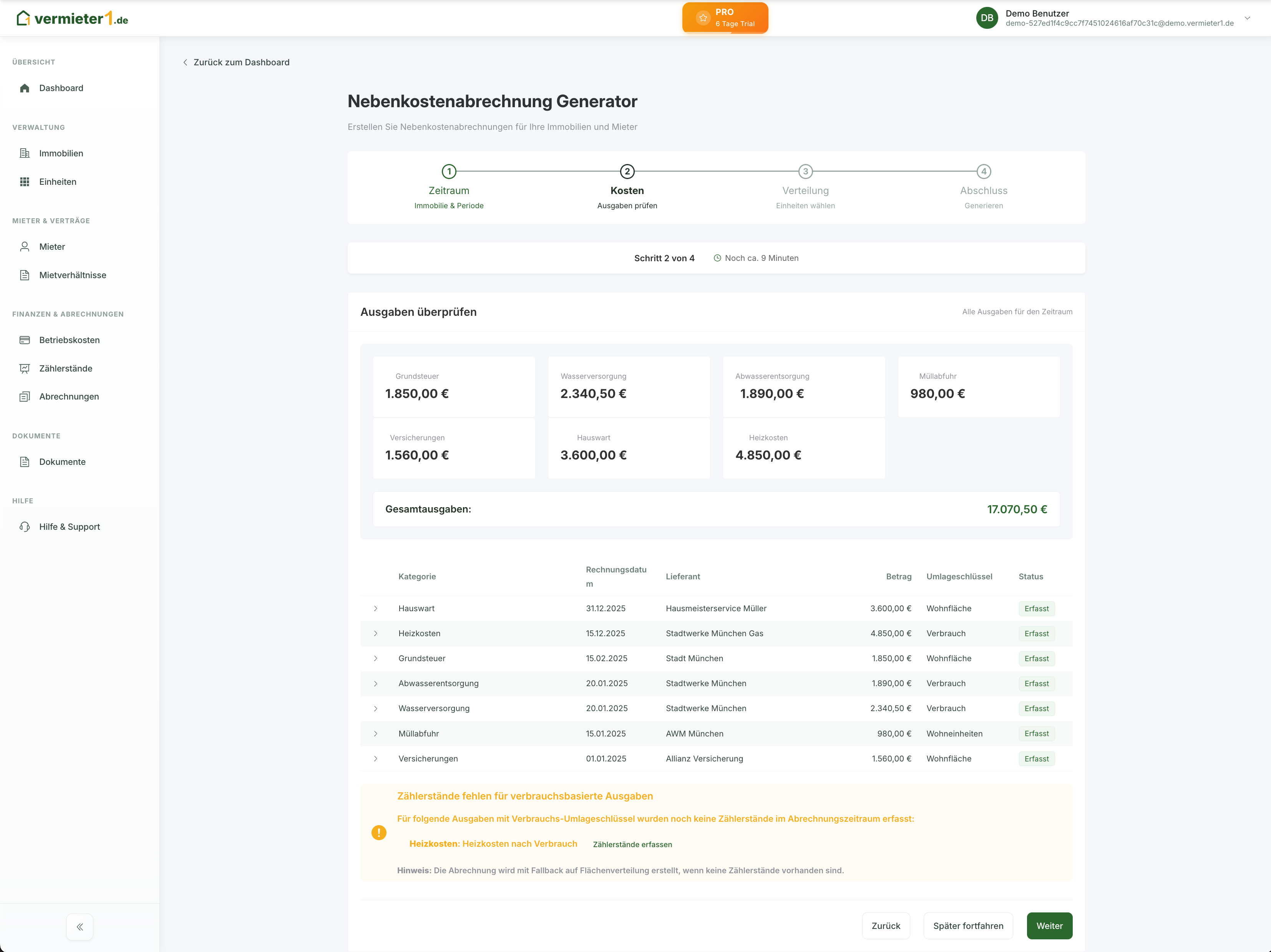 Nebenkostenabrechnung - Dashboard Vorschau