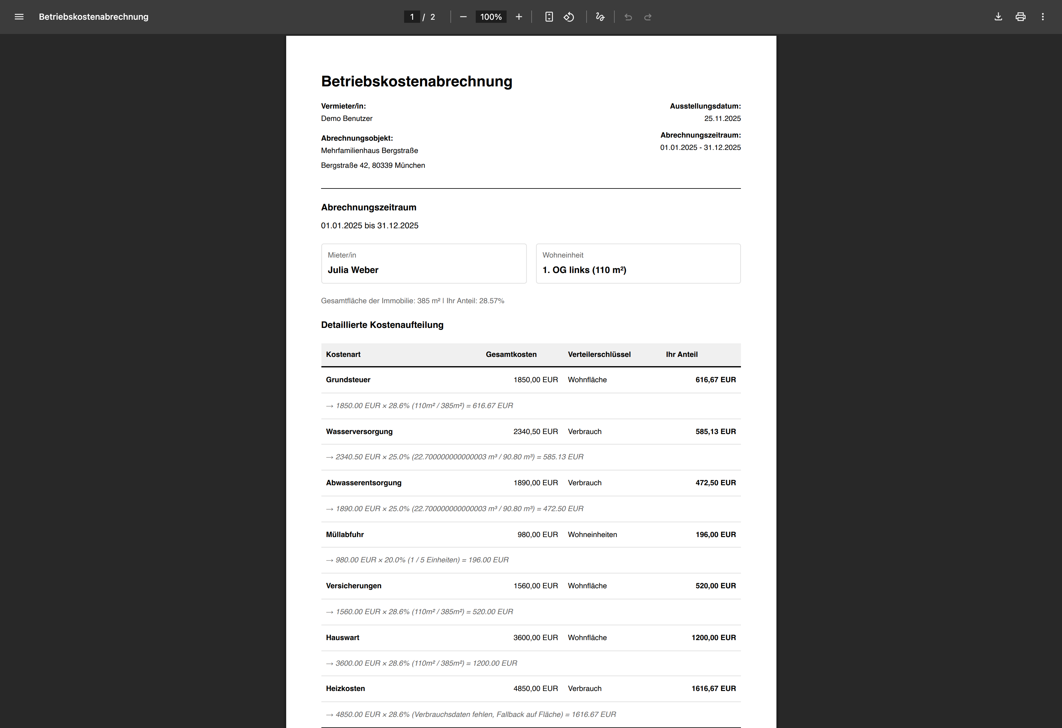 PDF Nebenkostenabrechnung Vorschau