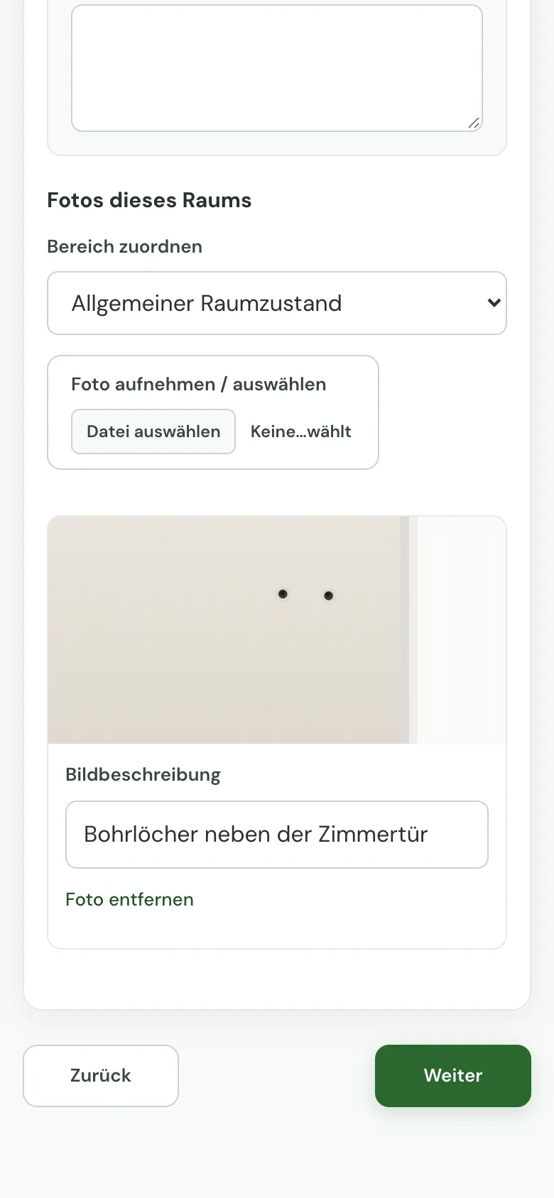 Foto des Mangels im Übergabeprotokoll dem Raum zuordnen und beschreiben