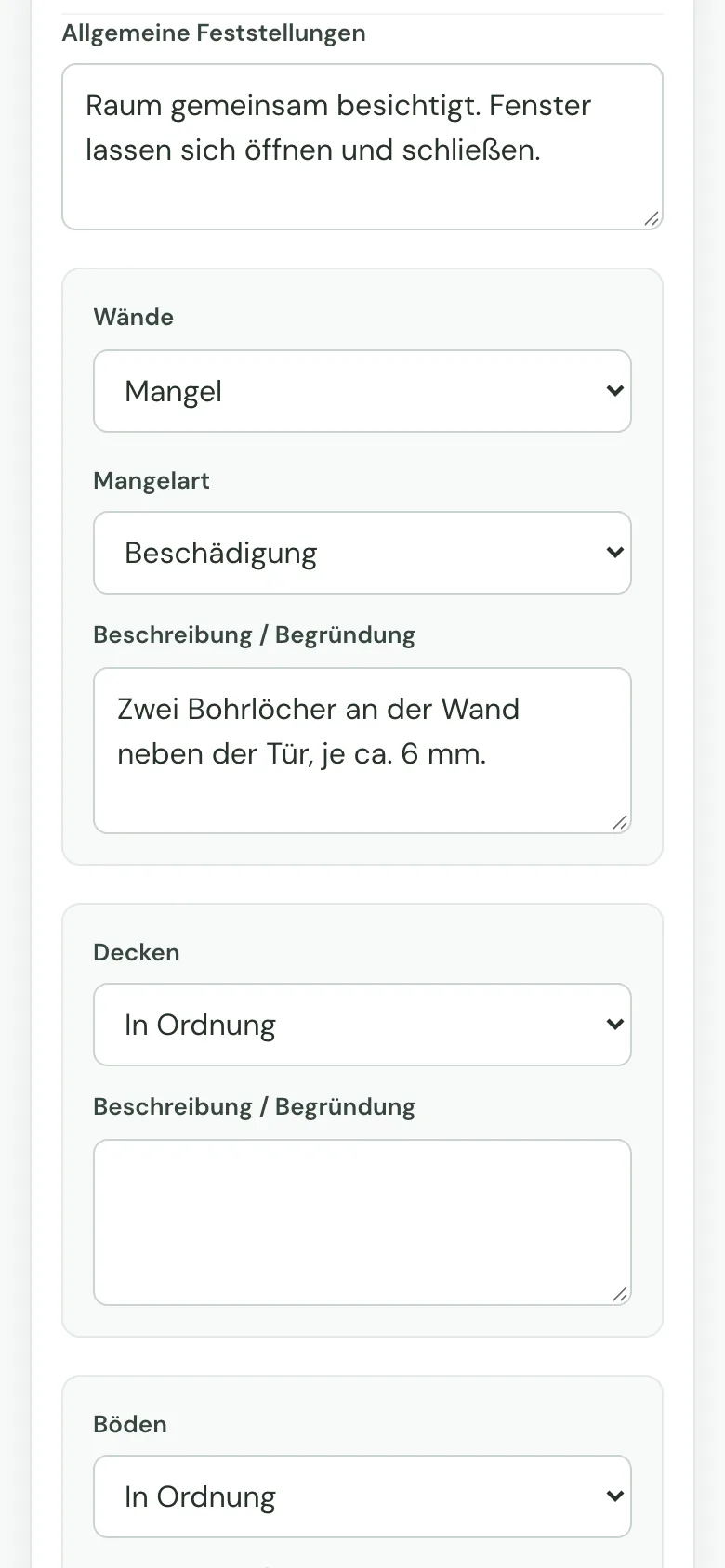 Übergabeprotokoll am Smartphone: Wohnzimmer mit Mangel „Zwei Bohrlöcher an der Wand neben der Tür“