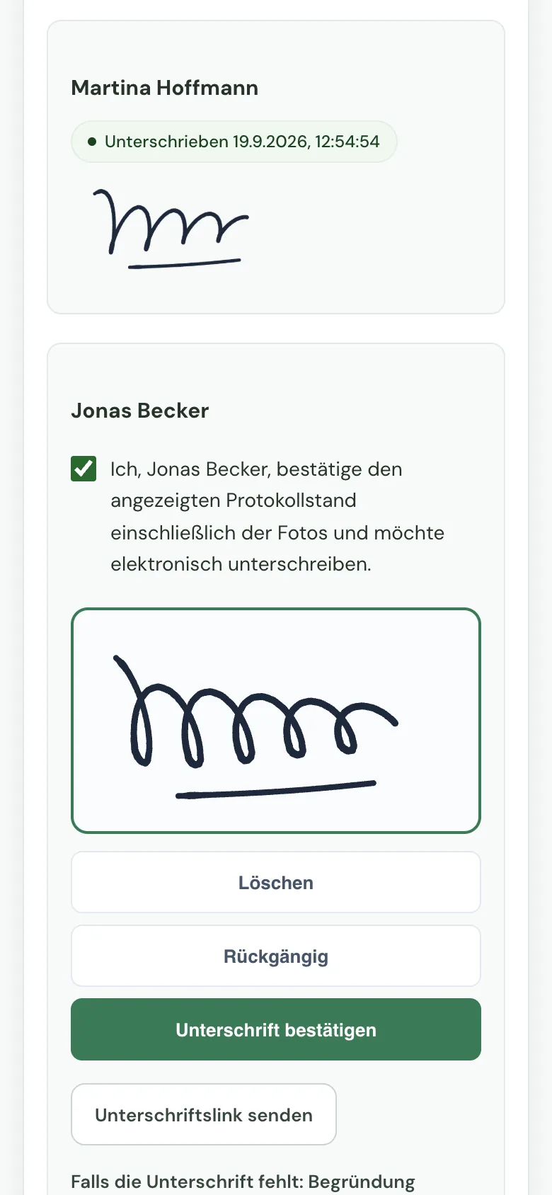 Übergabeprotokoll elektronisch unterschreiben: Vermieterin hat unterschrieben, Mieter unterschreibt auf dem Display