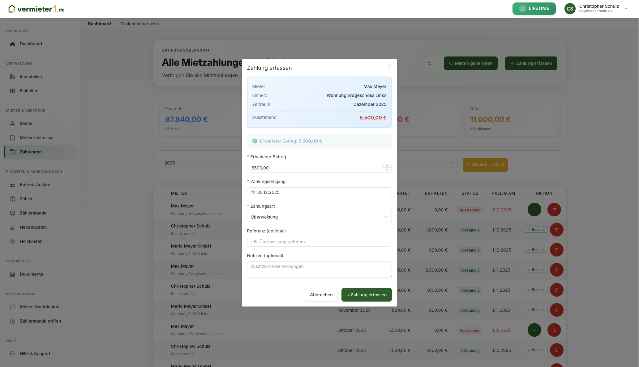 Zahlung erfassen Dialog