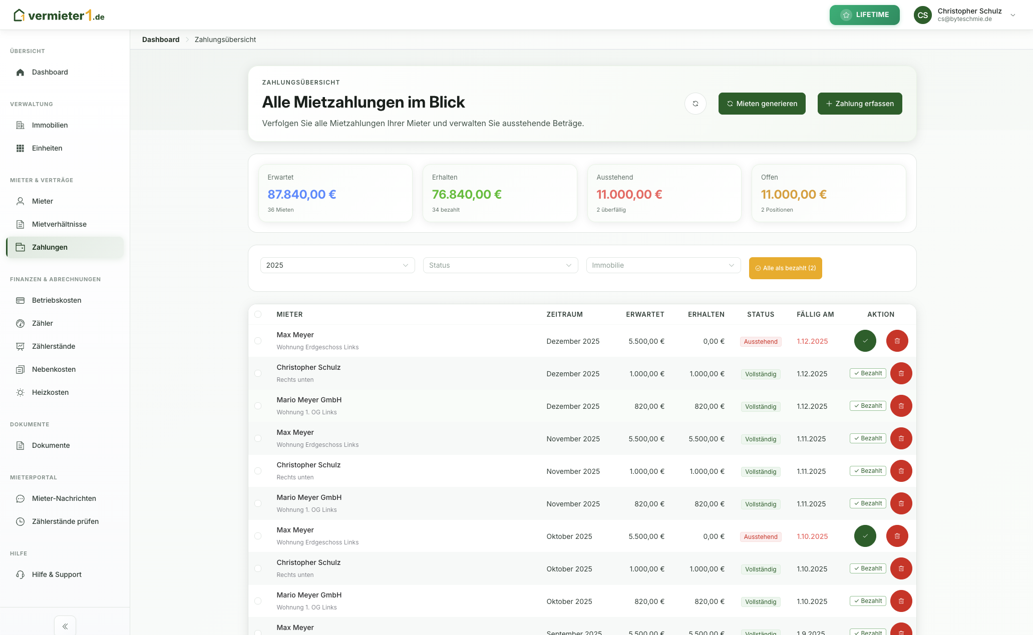 Zahlungsübersicht - Dashboard Vorschau